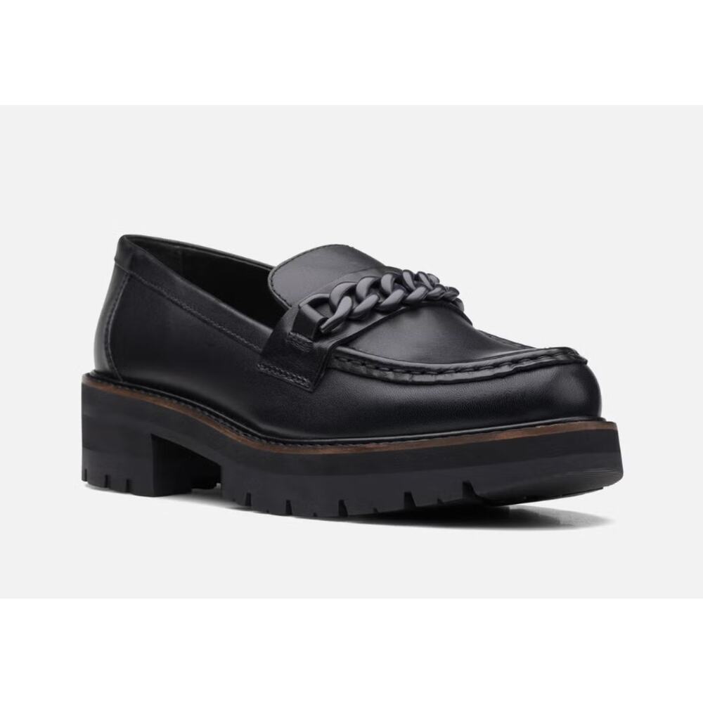 Clarks Orianna Edge Chain Leather Loafers - Matte Black - Women's US size 9